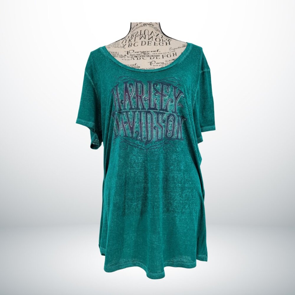 Harley Davidson Womens XXL Teal Burnout Alcatraz Graphic Travel Biker T-Shirt